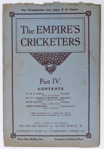 "THE EMPIRE'S CRICKETERS" Part IV, published for The Fine Art Society by Dawbarn & Ward, 1905. Being original colour lithographs of M.A. Noble, H.V. Hesketh Prichard, David Denton & James Iremonger by A. Chevallier Tayler. With original wrappers. (4 lithographs).