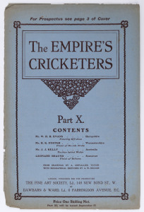 "THE EMPIRE'S CRICKETERS" Part X, published for The Fine Art Society by Dawbarn & Ward, 1905. Being original colour lithographs of W.H.B. Evans, H.K. Foster, J.J. Kelly & Leonard Braund by A. Chevallier Tayler. With original wrappers. (4 lithographs).