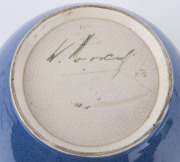 MOORCROFT powder blue porcelain jardiniere with floral vignettes, early 20th century, underglaze green signature "W. Moorcroft", stamped "Moorcroft, Burslem, England", ​26cm high, 24cm wide - 2