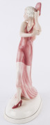 An Art Deco porcelain statue of a lady in pink dress with fan, circa 1930, ​46cm high - 5