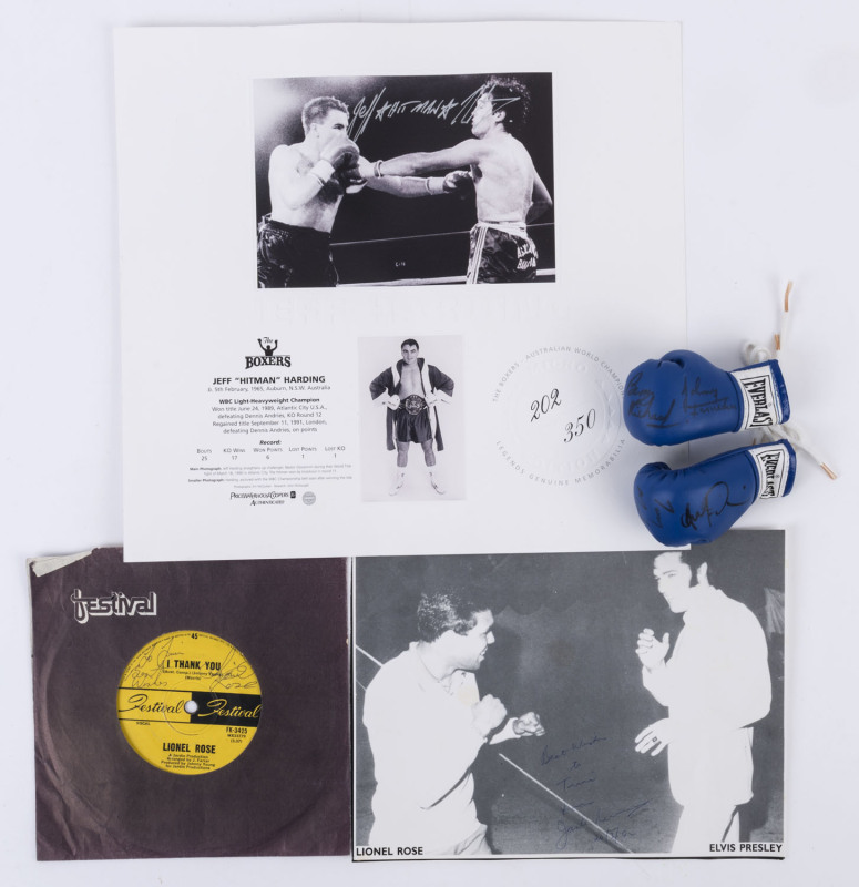 Signed range incl. pair of miniature boxing gloves signed by Barry Michael, Johnny Famechon, Tony Mundine & one other; Lionel Rose signature on his 45rpm record "I Thank You", Jack Rennie signature on image of Rose & Elvis Presley squaring-up, Jeff "Hit M