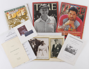 DON BRADMAN: Items associated with the memorial service for The Don, 25th March 2001: an invitation, the Order of Service, and an information sheet re parking, access, etc. Also, the Order of Service from the funeral and a reproduction picture of Bradman with the Maharajah of Vizianagram (known as "Vizzy", who captained India in the 1930s) signed by Bradman. Accompanied by 6 Time magazines (and one other) featuring Bradman, Tendulkar, and others.