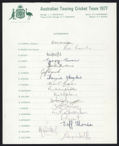 AUSTRALIA: 1977-80 collection of Official Team sheets; all fully signed, comprising 1977 (Greg Chappell, Capt.), 1979 (Kim Hughes, Capt.), 1980 Pakistan Tour (Greg Chappell, Capt.) and 1980 Centenary Test Tour of England (Greg Chappell, Capt.). (A total of 62 original signatures).