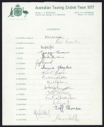 AUSTRALIA: 1977-80 collection of Official Team sheets; all fully signed, comprising 1977 (Greg Chappell, Capt.), 1979 (Kim Hughes, Capt.), 1980 Pakistan Tour (Greg Chappell, Capt.) and 1980 Centenary Test Tour of England (Greg Chappell, Capt.). (A total o