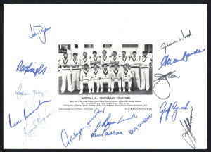 AUSTRALIA: 1980-97 collection of Team sheets, etc; all fully signed, comprising 1980 Centenary Tour publicity photograph fully signed in the large margins (Greg Chappell, Capt.), 1982 New Zealand Tour (Greg Chappell, Capt.), 1992 World Cup (Allan Border, Capt.), 1993 England Tour (Allan Border, Capt.), 1997 South Africa Tour (Mark Taylor, Capt.) and 1997 Ashes Tour (Mark Taylor, Capt.). (A total of 106 original signatures).