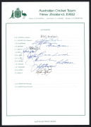 AUSTRALIA: 1980-97 collection of Team sheets, etc; all fully signed, comprising 1980 Centenary Tour publicity photograph fully signed in the large margins (Greg Chappell, Capt.), 1982 New Zealand Tour (Greg Chappell, Capt.), 1992 World Cup (Allan Border, - 2