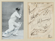 THE SOUTH AFRICAN TEAM IN AUSTRALIA - 1931/32An attractive display comprising of a signed action photograph of Don Bradman, mounted together with an autograph page of the South African tourists with 18 signatures; window mounted with a caption listing the - 2