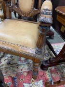 A pair of French carved oak armchairs with brown leather upholstery and rampant lion crests, 19th century, 65cm across the arms - 3