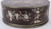 An antique Chinese circular workbox, rosewood with mother of pearl inlay, interior fitted with lift-out tray and compartments, ​Qing Dynasty, circa 1830, 11cm high, 28cm diameter - 4