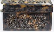 An antique Chinese cricket cage box, sumptuously carved tortoiseshell, Qing Dynasty, 19th century, 5cm high, 10cm wide, 8cm deep - 8