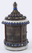 An antique Chinese pagoda shaped box, silver gilt with semi-precious stones, jade and enamel, Qing Dynasty, 19th century, stamped "SILVER" on the base, ​14cm high - 2