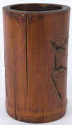 A Chinese bamboo brush pot with carved decoration and traces of original gilding, late 19th century, ​marked to the base, 19cm high - 4