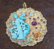 An impressive Chinese 18ct yellow gold pendent adorned with rubies, opal, jade, sapphires, lapis lazuli and carnelian, stamped "18K", ​7cm high, 47 grams total - 8