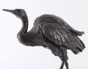 A Japanese silvered bronze crane statue by HIDENAO, Meiji period, ​on a polished wooden stand, signed on the underside, 43cm high overall - 2