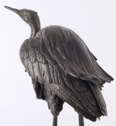 A Japanese silvered bronze crane statue by HIDENAO, Meiji period, ​on a polished wooden stand, signed on the underside, 43cm high overall - 3