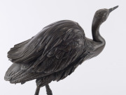 A Japanese silvered bronze crane statue by HIDENAO, Meiji period, ​on a polished wooden stand, signed on the underside, 43cm high overall - 4