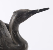 A Japanese silvered bronze crane statue by HIDENAO, Meiji period, ​on a polished wooden stand, signed on the underside, 43cm high overall - 5