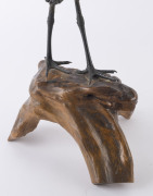 A Japanese silvered bronze crane statue by HIDENAO, Meiji period, ​on a polished wooden stand, signed on the underside, 43cm high overall - 6