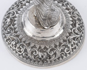 A rare pair of antique Burmese silver goblets supported by solid cast male and female figurines dressed in elegant costumes of the Konbaung Court (1752-1885), Rangoon, Burma, 1880-1890, Male 18.8cm, 594 grams. Female 23.4cm, 674 grams. - CLICK HERE FOR DE - 7