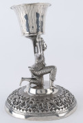 A rare pair of antique Burmese silver goblets supported by solid cast male and female figurines dressed in elegant costumes of the Konbaung Court (1752-1885), Rangoon, Burma, 1880-1890, Male 18.8cm, 594 grams. Female 23.4cm, 674 grams. - CLICK HERE FOR DE - 10