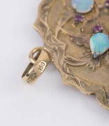 An impressive Chinese 18ct yellow gold pendent adorned with rubies, opal, jade, sapphires, lapis lazuli and carnelian, stamped "18K", ​7cm high, 47 grams total - 3