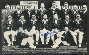 POSTCARDS: The 1930 Australian team and the 1956 Australian Team; two official postcards, Unused. (2). Also, a reprinted 1930 Team photo postcard with original signature in ink of Don Bradman. (3 items).