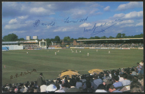 DON BRADMAN, HAROLD LARWOOD & R.E.S. WYATT: original pen signatures on colour postcard of Edgbaston Test & Warwickshire County Cricket Ground.