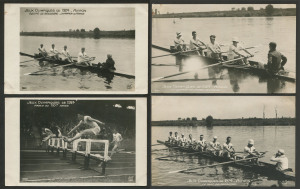 1924 Paris, VIII Summer Olympics: OFFICIAL POSTCARDS: Nice group of 4 comprising of #399 (coxed fours of France); #400 (110m hurdles); #421 (coxed fours of Great Britain) & #444 (eights crew of Belgium). Fine condition.