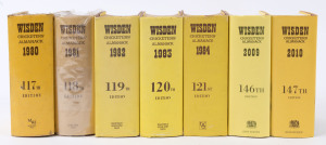 1980 to 2014 incomplete run "Wisden's Cricketers' Almanack" mostly hardbound comprising 1980-1985, 1987-1988, 1992 (softbound), 1994-1998 & 1999 (2, one softbound), 2001 (2), 2002 (2), 2003-2006, 2009-2012 & 2014; most 1980s issues with mild aging or dustjacket discolouration, condition overall G/VG. (29)