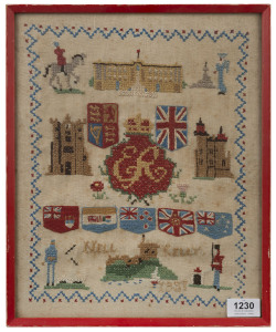 A Coronation sampler by "NELL KELLY, 1937", ​framed and mounted 37 x 31cm overall