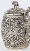 An Indian silver sugar bowl and jug adorned with animals in foliate motif and elephant finials with raised trunks, 19th century, (2 items), 12cm and 15cm high, 890 grams total - 5