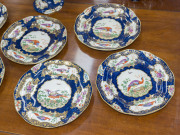 BOOTH'S "Pheasant" pattern English porcelain table ware comprising an oval serving dish, compote, 7 plates and 6 cups and saucers, 19th century. Brown factory mark to base with retailer's stamp "JOHN BATES & Co. Ltd. CHRISTCHURCH N.Z.", (21 pieces), ​the - 2