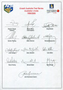 AUSTRALIA: 1999-2000 Australian Team v India Test Series, official team sheet with 13 signatures including Stephen Waugh (captain), Shane Warne, Adam Gilchrist & Ricky Ponting.&nbsp;Australia won the Series 3-0. In the first Test Steve Waugh made 150 and Damie - 2