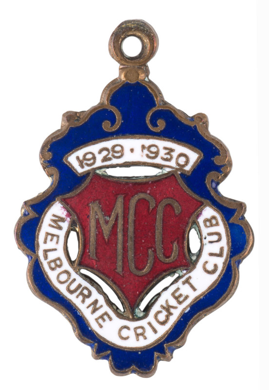 MELBOURNE CRICKET CLUB, 1929-30 membership badge, made by C. Bentley, in excellent condition.