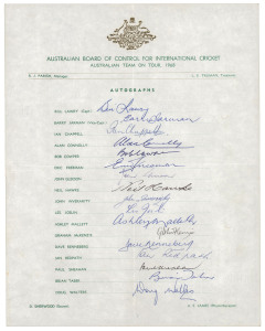 AUSTRALIA: 1968 Australian Team, official team sheet with 17 signatures including Bill Lawry (Capt.), Barry Jarman, Ian Chappell, Doug Walters, Alan Connolly, Ashley Mallett and Neil Hawke.