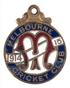 MELBOURNE CRICKET CLUB, 1914-15 membership badge, made by Stokes, EF condition.