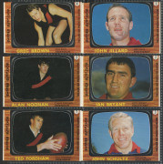 1967 SCANLENS "Footballers" [approx 50/72, plus a few duplicates] incl. Bob Skilton, Ted Whitten, John ("Sam") Newman (2), Des Tuddenham, Len Thompson, Ron Barassi, & Graham "Polly" Farmer (2, one creased); many cards trimmed/creased, generally Fair. (69) - 6