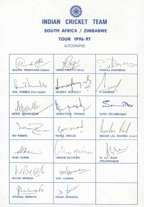 INDIA: 1996-97 Tour to South Africa & Zimbabwe, official BCCI team sheet with 19 original signatures including Sachin Tendulkar, Anil Kumble, Saurav Ganguly, Mohd. Azharuddin, Rahul Dravid, VVS Laxman and Javagal Srinath.