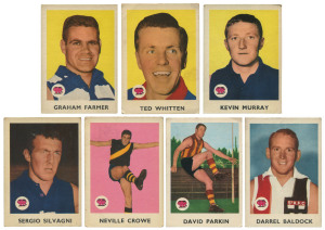 1965 SCANLENS "Footballers", selection of better cards comprising Ted Whitten (#2), Kevin Murray (#10), David Parkin (#15), Neville Crowe (#20), Graham "Polly" Farmer (#22), Darrel Baldock (#25) & Sergio Silvagni (#34), G/F. (7)