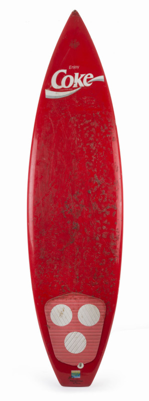 SURFING - PHIL MURRAY: triple fin thruster surfboard made for the "Surfabout Competition" with Coca-Cola decals, signed "designed and handshaped by Phil Murray", 187cm long, c.1981.
