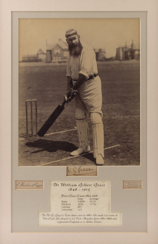 W.G.GRACE: fine signature on piece beneath a full-length image of "W.G." batting, from a photograph taken by E.Hawkins of Brighton. The image shows the bat with which he made over 1,000 runs in May 1895 and which was also used when he completed his One Hu