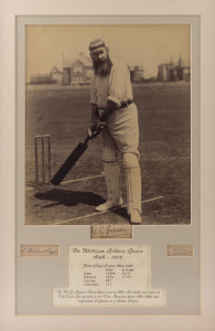 W.G.GRACE: fine signature on piece beneath a full-length image of "W.G." batting, from a photograph taken by E.Hawkins of Brighton. The image shows the bat with which he made over 1,000 runs in May 1895 and which was also used when he completed his One Hundredth Century, also in May 1895. The image is captioned beneath with his 1864-1908 First Class Career Statistics and an overview of his Test Career; framed and glazed, overall 39.5 x 39cm.