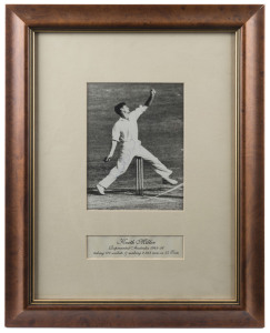 KEITH MILLER: signature on image of Miller bowling, caption beneath showing Miller's Test Match statistics; framed and glazed, overall 36 x 46.5cm.