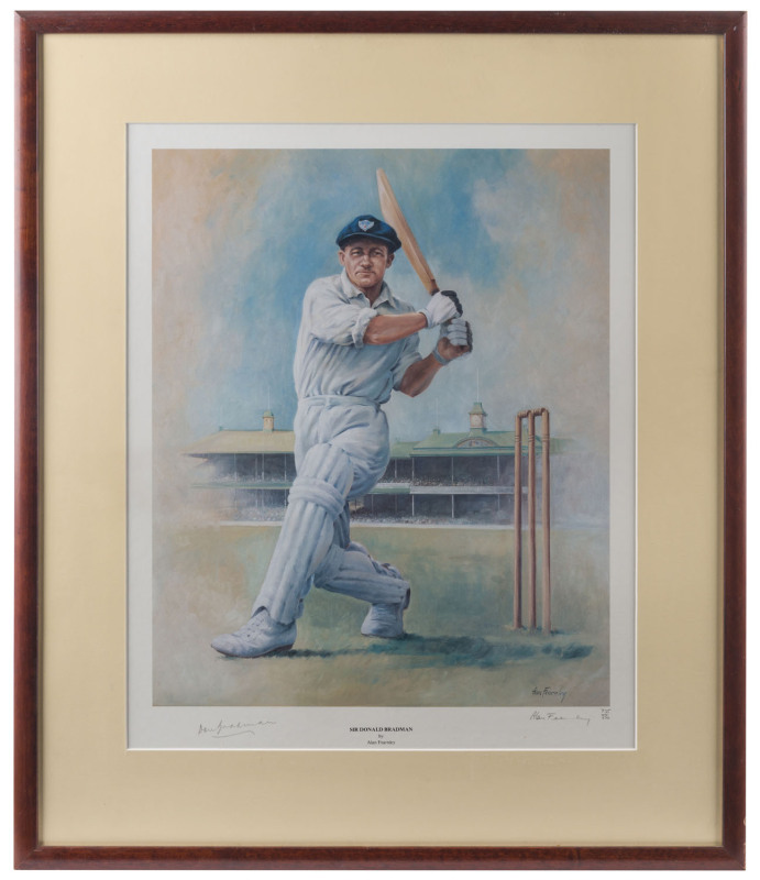 DON BRADMAN, print entitled "Sir Don Bradman" by Alan Fearnley, showing Bradman wearing his NSW cap with the SCG in the background, signed by Don Bradman & by the artist, limited edition 735/850, framed & glazed, overall 58 x 69cm.