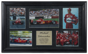 MICHAEL SCHUMACHER: display comprising signed action photograph, window mounted alongside four other photos and a caption highlighting his Ferrari World F1 Champion successes in 1994, 1995 & 2000; framed & glazed, overall 77 x 47cm.