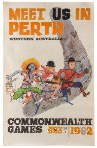 1962 PERTH: "Meet Us in Perth/Western Australia/Commonwealth Games/Nov 22 to Dec 1/1962" colour lithographic large format poster, designed by Cedric Baxter, with central image of a West Indian, Canadian and an Englishman competing in a hurdles event over a stylized boomerang backdrop; fine condition, size 63 x 100cm.