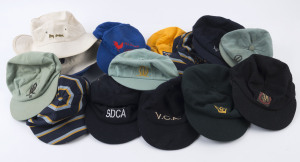 CRICKET CAPS: small collection of pre-loved 1960s-80s adult and junior cricket caps including V.C.A. (Victorian Cricket Academy), Geelong Grammar School (3), "Crusaders" - the Melbourne-based wandering cricket club (2, diferent designs), Beaumaris CC & St Kilda CC (2) etc; also a few sun hats; condition variable. (17 items)