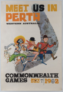 1962 PERTH: "Meet Us in Perth/Western Australia/Commonwealth Games/Nov 22 to Dec 1/1962" colour lithographic small format poster, designed by Cedric Baxter, with central image of a West Indian, Canadian and an Englishman competing in a hurdles event over a stylized boomerang backdrop; fine condition, size 50.5 x 75.5cm.