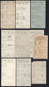 1899-1945 mostly Lord's Scorecards with 1899 "Lord's Ground. M.C.C. and Ground v Australians, Monday, July 31, 1899" (fault & pencil annotations), with players incl. W.G.Grace, Pelham Warner, Hugh Trumble, Victor Trumper & Joe Darling; also WWII one-day cards incl. 1943 (Sep.11) R.A.F. vs R.A.A.F, 1944 (Aug.7) England vs Australia, 1944 (May 27) Australia vs The Rest, 1945 England vs Australia (Jul.14) three-day match and 1945 (Jun.24-29)