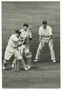 DON BRADMAN - England vs AUSTRALIA, 1948 "Invincibles" Ashes Tour: original press photograph (The Sport and General Press Agency, London), showing Australian captain Don Bradman cutting the ball while English wicket keeper Godfrey Evans and slip fielder J